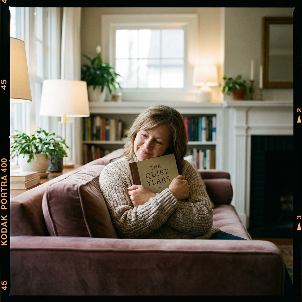 Julie hugging a book on the couch
